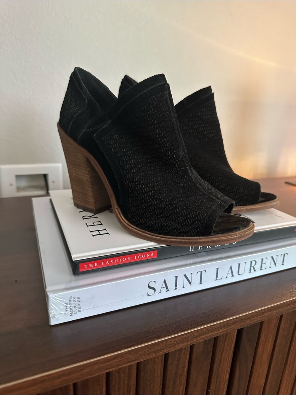 Vince Camuto Black Suede Open-Toe Block Heel Mules